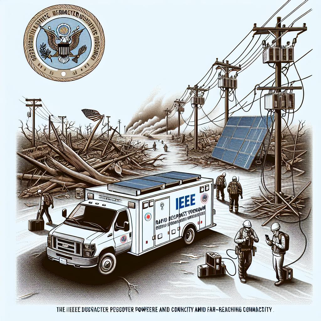 An image constructed in a Corporate, Flat, and Vectorial style, reminiscent of the beginning of 20th-century graphic art, primarily using a medium of line drawings and solid colors. This 2D, linear perspective image encapsulates an urgent scene following the disastrous hurricanes, Helene and Milton, in the Southeast of the United States during September and October 2024. It highlights the IEEE MOVE program's rapid response disaster vehicles in action, providing power and connectivity amid far-reaching devastation. Illustrate these vehicles assisting affected communities, with solar batteries signifying sustainability innovation. Depict people using their mobile phones, showcasing restored connectivity. And on a plain white, no-texture background, show the emblem of a fictional disaster response organization, mirroring the collaboration seen in real-life scenarios with institutions like the American Red Cross.