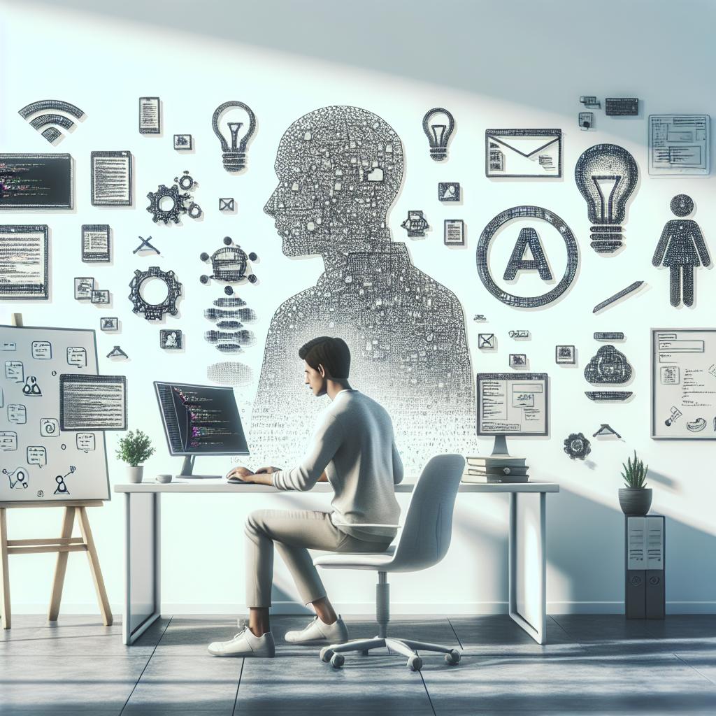Visualize a modern, corporate-style image represented in a 2D, linear perspective with a white, untextured background. The image scene is set within a contemporary office environment filled with elements symbolic of technology and AI. A developer is depicted, gender unspecified and of Middle-Eastern descent, sitting at a computer, using the 'LlamaCoder' application, an open-source code model that allows developers to create a myriad of applications from simple prompts. Digital AI icons are floating around the workspace, symbolizing the integration of artificial intelligence in the developmental process. A whiteboard filled with written notes signifies the creative process, while the overall atmosphere suggests a collaborative team-based innovation.