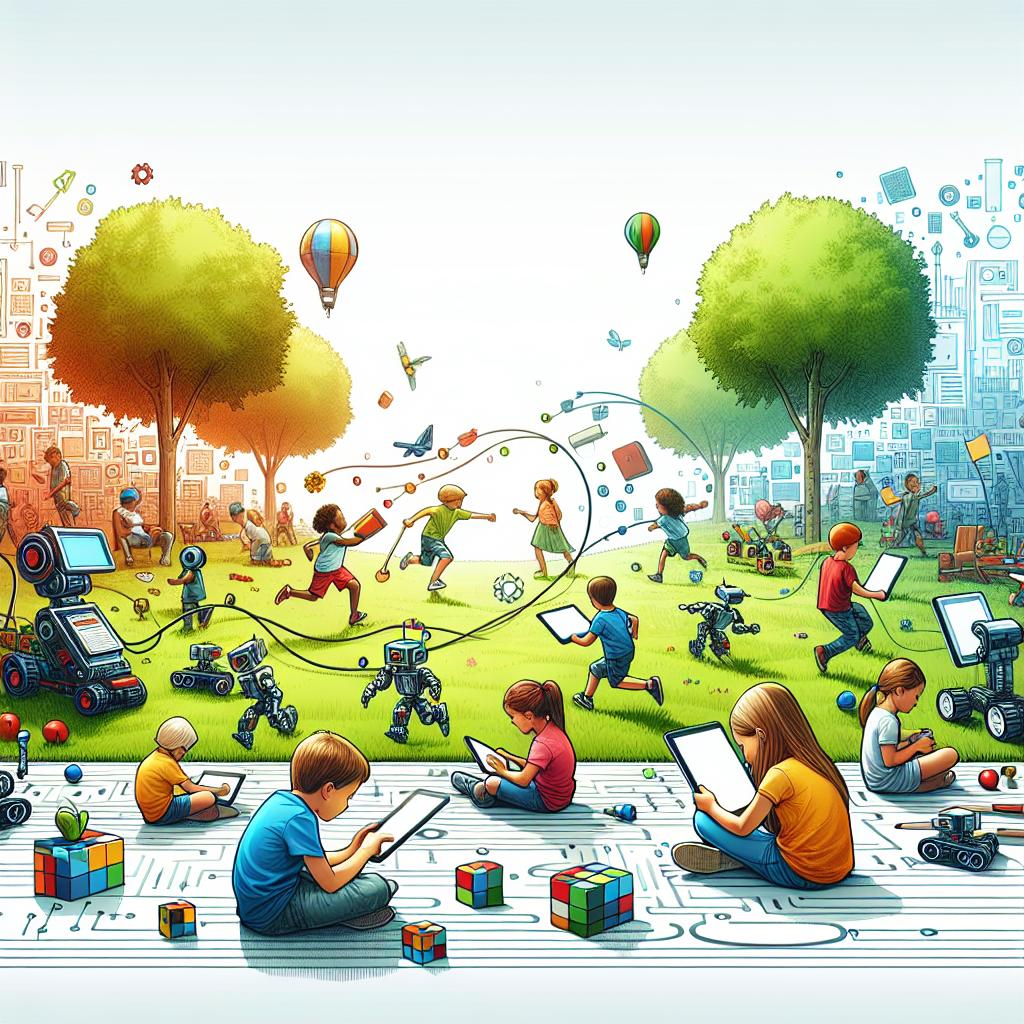 Generate an image in the 2D, vector, flat, and corporate style that works perfectly for a linear perspective. The image is set against a white and textureless backdrop, symbolizing the intersection of learning and fun. In this playful depiction, children of varying descents are seen outside, engaging with programming and robotics technology. They are pictured interacting with tablets, which represents technology-assisted learning. The environment is that of a park, suggesting creative freedom and outdoor learning. Included in the scene are small, colorful robots, referencing the innovations Berger has developed. Finally, scattered around are various toys and construction tools, embodying the maker spirit.
