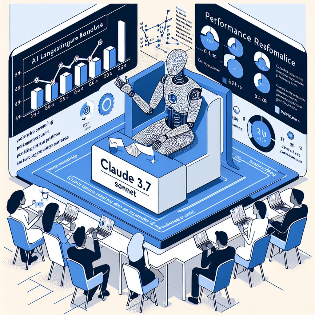 Create a 2D, Vector-Flat, Corporate-style image. In this flat, linear perspective, picture a depiction of the Claude 3.7 Sonnet, a new AI language model, engaged in a live debate demonstrating its superior reasoning capabilities and precise responses. The model should be surrounded by performance graphs comparing it to other models. The background should be white and texture-less. Include the logo of a fictitious technology company for identity. Finally, the picture should be accentuated with tech-oriented colors of blue and white to convey modernity and innovation.