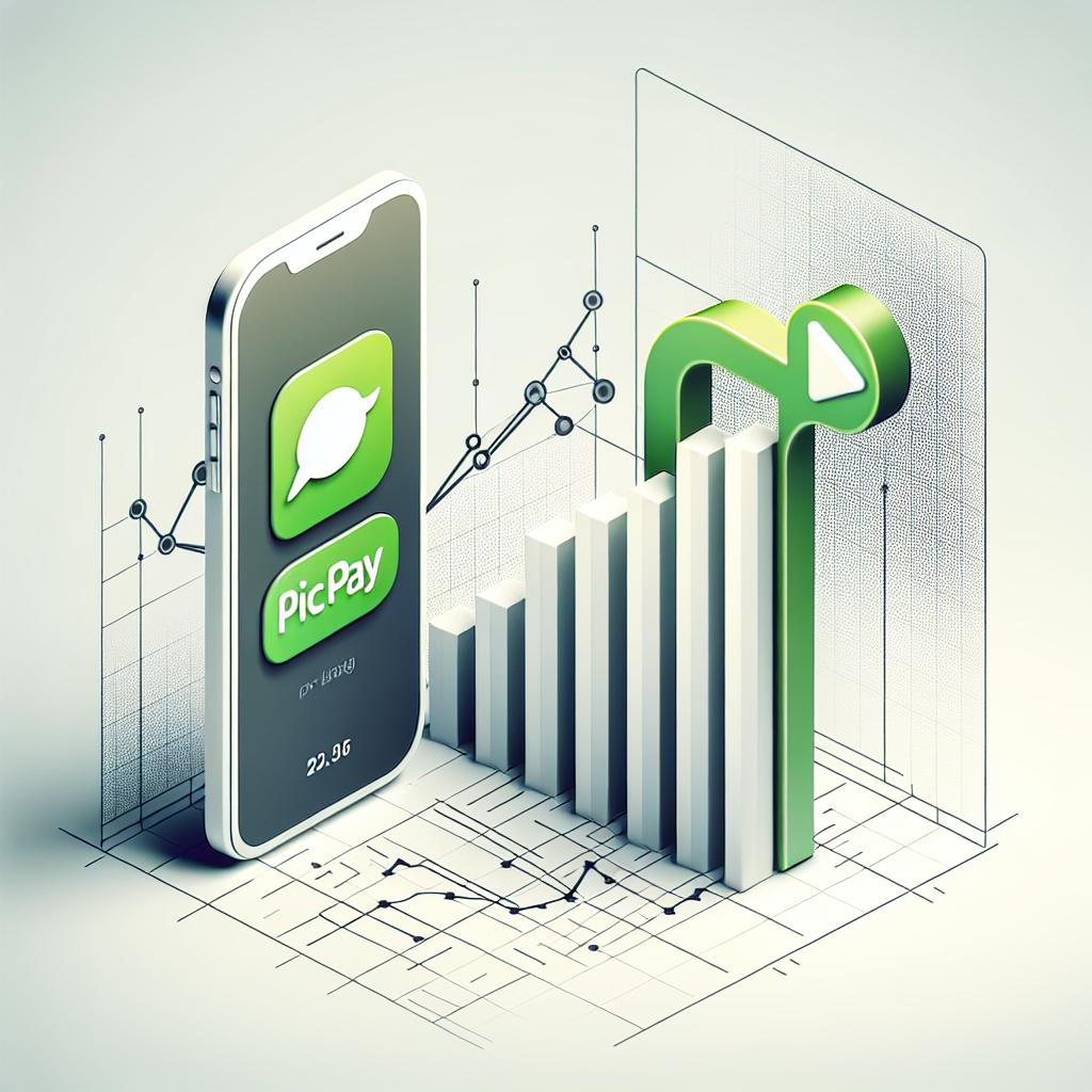 An image portrayed in a 2D, linear perspective with a sleek corporate style. The image has a white, textureless background. Featured prominently is a smartphone showing the PicPay interface, standing next to the distinctive green icon of a popular chatting app, signifying an exciting new integration. Additionally, there is a flat, vector-graphic styled growth chart, illustrating the potential increase in the usage of PicPay. These elements collectively symbolize expanding technology used in day-to-day life and growing accessibility of digital transactions.