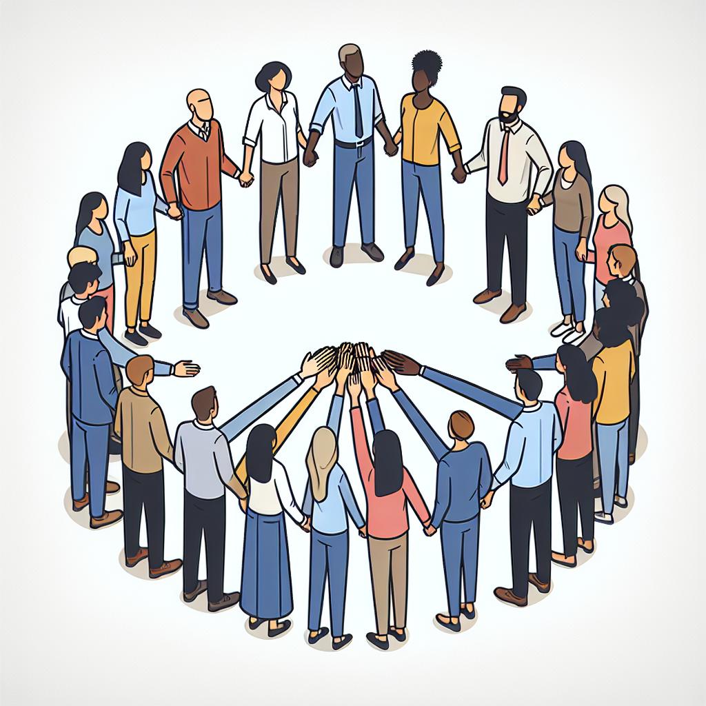 Draw a 2D, untextured image in a flat, corporate, vector-style representation. The image is on a plain white background and captures the scene of a diverse group of people standing in a circle, symbolizing collaboration and teamwork. Each person in the group represents a different racial descent, including Caucasian, Hispanic, Black, Middle-Eastern, and South Asian. Include both genders in this mix. Make sure each person has a warm smile on their face, underlining the positivity in the workspace. In the center of the circle, illustrate their hands stacked on top of each other, serving as a symbol of collective effort and solidarity.