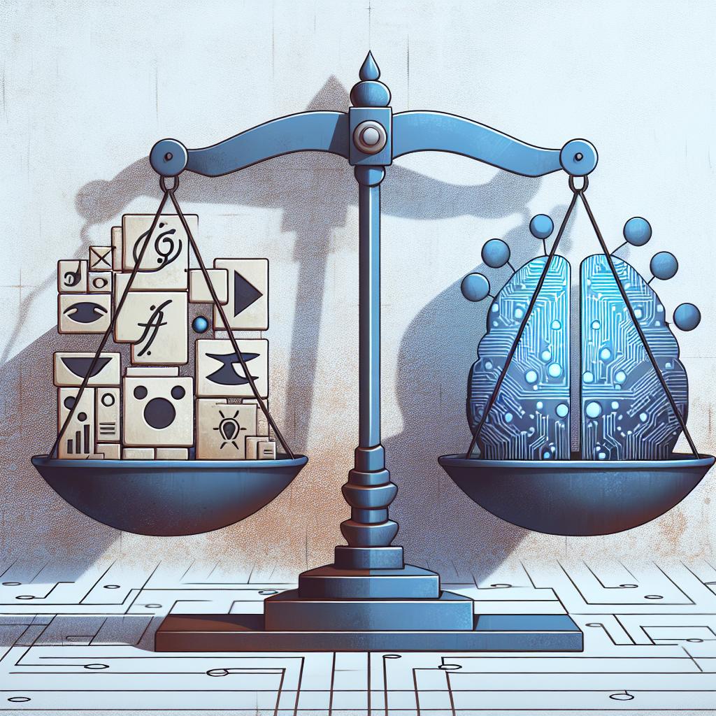 In corporate flat 2D style, visualize a symbolic struggle between copyright and the advancement of artificial intelligence. Use a scale to represent the balance between the two significant factors; copyright and advancements in technology. Set against a white, textureless background. On one side of the scale fits art symbols emphasizing the importance of creativity, and on the other, electronic circuits illustrating technology and AI.