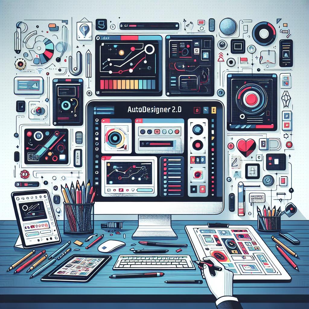 Create a 2D, linear perspective image in a flat, corporate vector style. The image should depict a screen of the fictional Autodesigner 2.0 software, showing various user interface designs being generated. The background should suggest modernity and technology, like a workstation with electronic devices such as tablets and laptops, emphasizing the tool's accessibility. The designs and elements should feature vibrant, modern colors, symbolizing innovation and creativity. The background of the image should be white and textureless.
