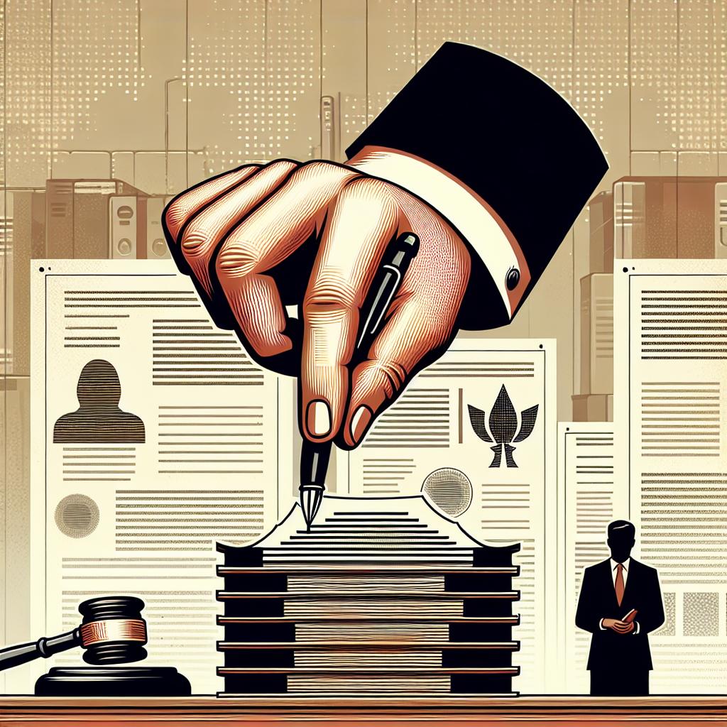 Create an untitled piece that depicts the fight against misconduct in academic publishing. The image should display a hand leafing through academic papers which symbolizes the critical examination crucial to ensuring quality and validity in research. Employ a flat, corporate-style vector art ideally suitable for a 2D linear perspective on a white, textureless background. Additional elements include a South Asian businessman signifying seriousness and responsibility in the publishing process, a stack of documents representing the quantity of work submitted, and a pen embodying the act of writing which is crucial to research. We set this in an office environment to underscore the formality and professional context of academic research.
