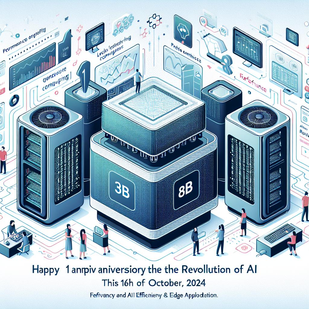 Celebrate the first anniversary of the revolution of AI with Mistral AI this 16th of October, 2024 by creating an image to capture the essence of their new game-changing models, Mistral 3B and 8B. These models are set to redefine local device computing and edge AI applications by offering efficiency and affordability. Use a flat, corporate, and vector style to depict the Mistral 3B and 8B models in a technological environment. Illustrate this in a 2D linear perspective against a white, textureless background. Further enhance the image with elements like a tech-inspired backdrop to represent modernity and innovation, profile illustrations of the models showing off their key features, privacy and efficiency icons to symbolize the models' main attributes, performance data and graphs, and depictions of people of various genders and descents using this technology to show the practical uses and benefits of the new models.