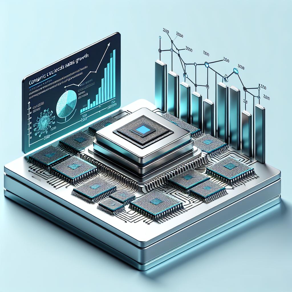Create a 2D linear, vector-style image in a corporate, flat art style. The image should have a plain, white and untextured background. In the image, illustrate the advancement of semiconductor technology with a focus on artificial intelligence. Display computer chips which symbolize the foundation of technological advancement. Also, depict a growth chart indicating projected sales growth. Incorporate metallic colors to communicate modernity and technology. Further, include the logos of generic artificial intelligence companies to underline the sector's relevance. Remember, the whole setup should create an impression of an optimistic forecast for the year 2030, despite a recent decline in third-quarter orders.