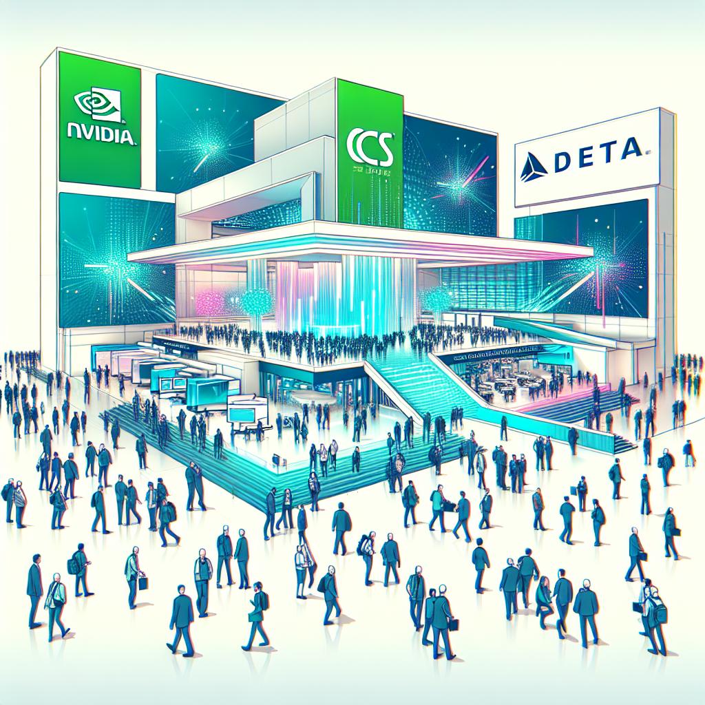 Generate a 2D, linear perspective image with a corporate-style, flat, vector representation of the Consumer Electronics Show (CES) 2025 taking place in Las Vegas. The picture should have a smooth white background and include vivid colors to capture the event's energy. It must showcase technology innovations, including AI-powered devices and a dynamic event environment. The composition should feature attendees interacting, symbolizing audience engagement. Additionally, include abstract representations of the Nvidia and Delta logos to highlight the leading event players. Lastly, incorporate a background element that suggests the geographical context of the event taking place in Las Vegas.