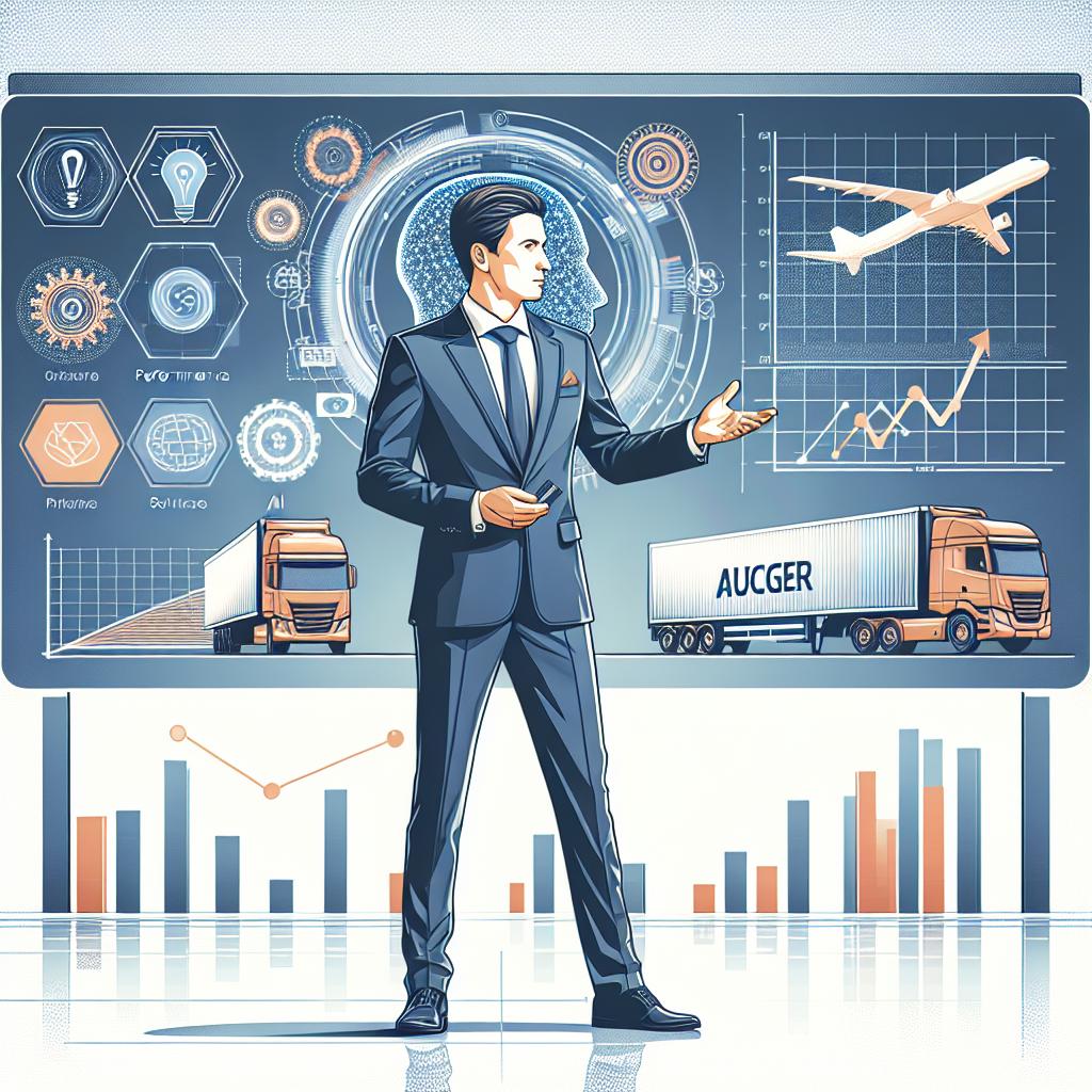 Depict a significant figure who has made a substantial contribution to the field of logistics and AI technology. The individual, Caucasian male, is shown during a formal presentation, revealing advanced software solutions. The character should be vectorially represented in a flat, corporate style and a 2D linear perspective on a textureless, white background. Significant elements include: performance charts showcasing the impact of the technology on logistics, the logo of Auger - representing the new brand launched by this individual, and futuristic colors - symbolic of innovation and technology.