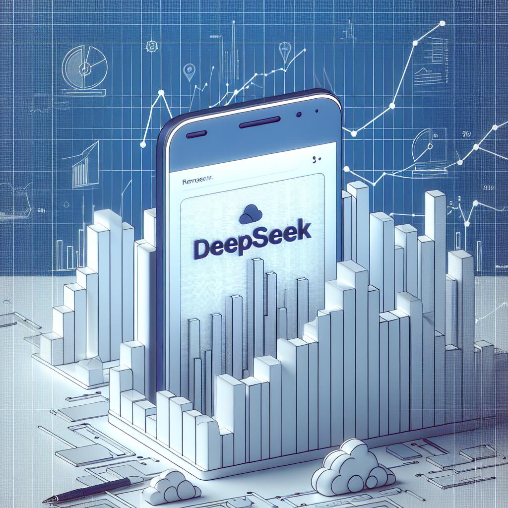 Create a 2D linear perspective of a white, textureless background upon which a smartphone screen displaying the DeepSeek logo is situated. This flat and corporate style image should give off a sense of technology, innovation, and the current instability through the representation of a server environment. In addition, to further symbolize the current technical issues, depict stylized graphs illustrating a potential decrease in the company's stock prices. The colours used should be cold to convey a feeling of seriousness and modernity.