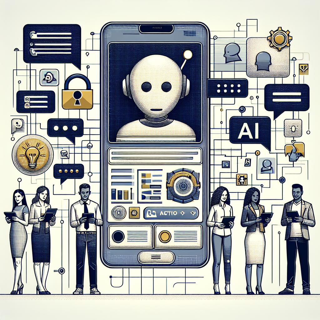 Create a 2D, linear perspective illustration in a corporate flat and vector art style, on a non-textured white background. The image should symbolize the modern interaction between users and AI chatbots. Highlight dynamic and user-friendly UI elements. Show interactive buttons which represent the new style of interaction, an icon of chatbot symbolizing AI technology, and mobile devices to emphasize accessibilities. Include figures of an engaged audience. The audience includes a South Asian man, a Hispanic woman, a Middle-Eastern man and a Caucasian woman, all intently reading, suggestive of an engaged audience. They could be holding the mobile devices.