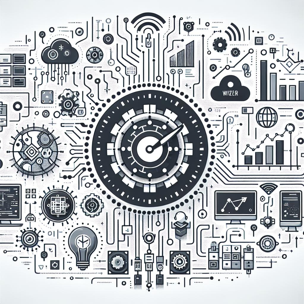 Visualize an illustration in a flat, corporate, vector style, executed in 2D linear perspective, laying emphasis on the collaboration between two abstract tech entities, symbolizing Wizerr AI and Databricks. The backdrop of the image should be white and textureless, filled with visual elements that represent electronic circuits and technology, signifying the electronic industry. Key elements in the foreground would include a clock, which signifies the efficiency and reduced time in the processes, data charts showing a boost in productivity, and collaboration icons, representing interaction between teams.