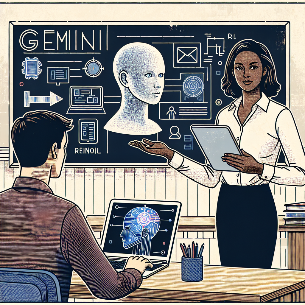 Create a flat, corporate-style 2D linear vector image on a white, untextured background. The image should prominently feature a modern classroom setting. In this classroom, show a student interacting with a Chromebook, wherein the Gemini interface is visibly displayed. Alongside the student, depict a female teacher holding a tablet. Both individuals should belong to different racial backgrounds to show diversity. Emphasise the traditional school environment by incorporating a blackboard in the background, which should be chock-full of notes and diagrams reflecting the subject matter, which is Artificial Intelligence and its application in education.