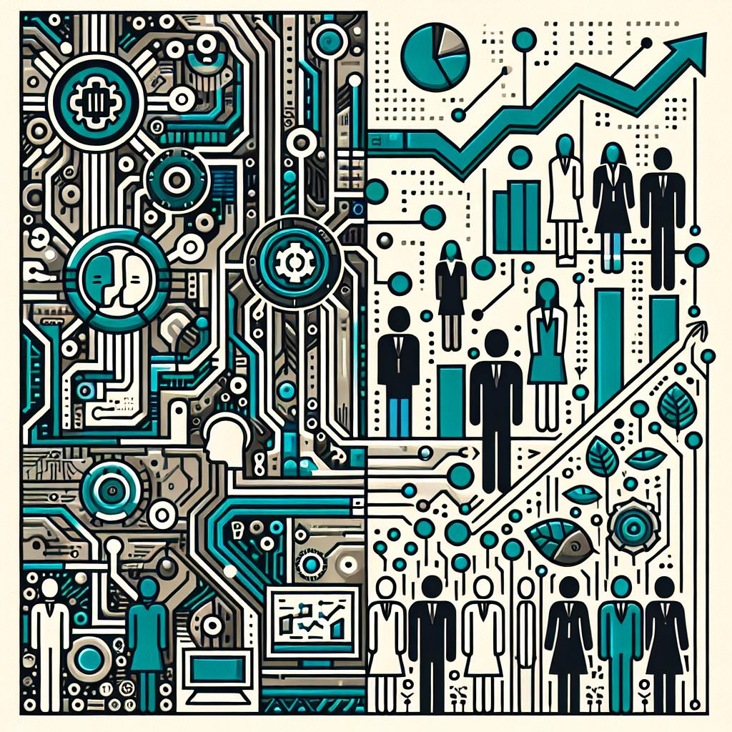 Craft a vector-based, flat and corporate-style 2D linear perspective depiction showing technological advancement in AI. Set on a plain, white and texture-free background. The image should involve intricate graphical patterns of circuits symbolizing technology, intersected with growing bar graphs reflecting economic potential. Also, feature faceless figures of different gender and descents such as Caucasian, Hispanic, Black, South Asian, presenting them interacting with high-tech devices, denoting the social impact. Infuse shades of blue and green for a sense of innovation and trust.