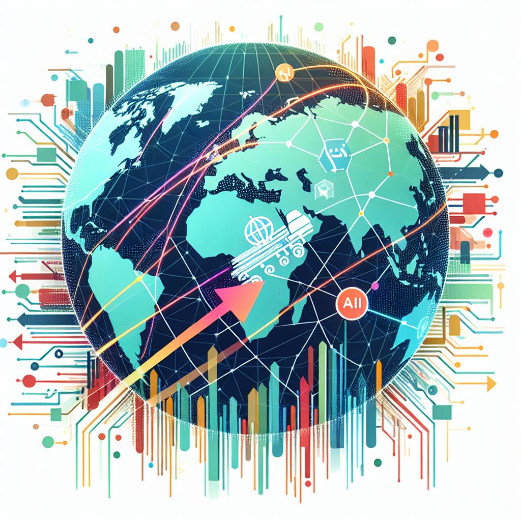 Create a 2D, linear perspective, vector-style flat corporate image on a texture-free white background showing a depiction of global trade impacted by artificial intelligence. The illustration should include a world map representing international trade, AI iconography to symbolize the advancing technology, directional arrows to portray the flow of goods, and the use of vibrant colors to convey optimism and innovation. This is to represent a new report from the World Trade Organization predicting that AI could enhance global commerce by up to 14 percentage points by 2040, affecting economies globally and raising questions about employment and the need for regulations.