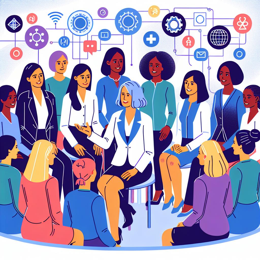 Generate a flat, corporative style vector image set within a 2D linear perspective. The scene should depict a middle-aged Caucasian woman, meant to represent a vice-president of an AI software product management company, engaging in a discussion with a group of diverse younger women. These women should be variously depicted as Caucasian, South Asian, Black, Hispanic, Middle-Eastern. They are all sharing their experiences and encouraging each other in their careers within the technology industry. Add symbols of technology interspersed throughout the scene as elements to represent the industry. The background should be a vibrant color to attract attention and convey positive energy, situated against a texture-less white backdrop.