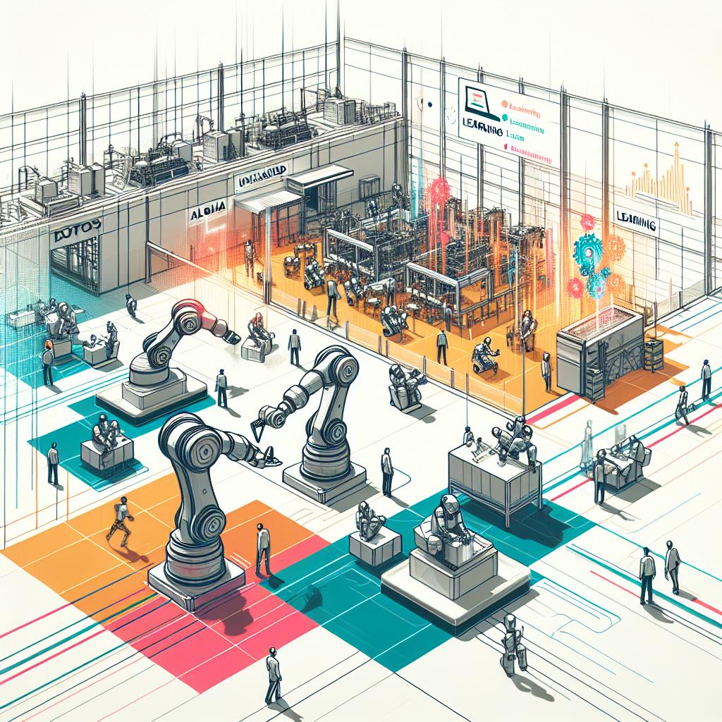 Imagine a futuristic environment where state-of-the-art robotic systems named ALOHA Unleashed and DemoStart are collaborating on complex tasks such as assembly and interaction with objects, showcasing the evolution of modern robotics. Set against a white, untextured background, this scene is depicted in a 2D, linear perspective with a vector, corporate style that hints at the flatness of early 20th-century modernism. Vibrant colors symbolize innovation and technology, the robots are in action demonstrating the capabilities of new technology, the industrial setting reflects sectors where these innovations are implemented, and learning charts illustrate the use of artificial intelligence.