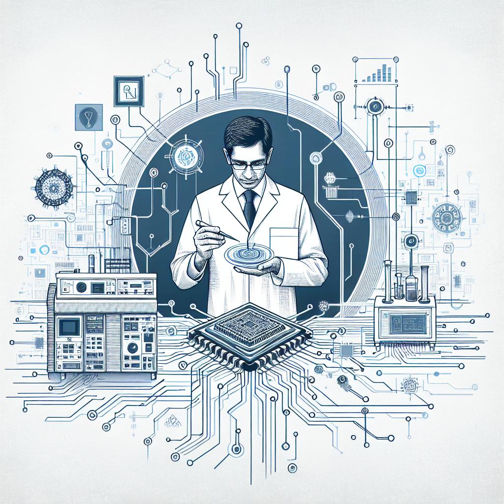 Create a 2D, linear, vector-style image with a flat and corporate aesthetic on a white, textureless background. The central figure should be a South Asian male scientist in a laboratory environment, representing innovation in technology. He should be surrounded by laboratory equipment which symbolizes research and development. Include motifs of circuits and transistors within the image to highlight the focus on semiconductor technology. The image should embody the risky yet innovative steps taken in the development of 45-nanometer node transistors. This scene is a symbolic representation of a key moment in the scientist's career.