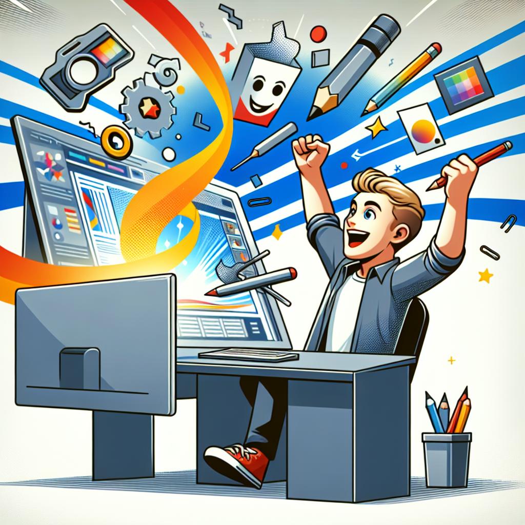 Represent a scene that encapsulates the creative and innovative environment of Pika's 1.5 software update. A young Caucasian male user appears overjoyed as he explores the tools on his computer screen in a 2D, linear perspective. The entire picture is characterized by a flat, corporate vectorial style. The background contains no texture and is purely white, creating a contrast with the dynamic visual elements that symbolize Pika's new functionalities. These elements are depicted in vibrant colors, acting as a magnet for viewers' eyes and an emblem of creativity.