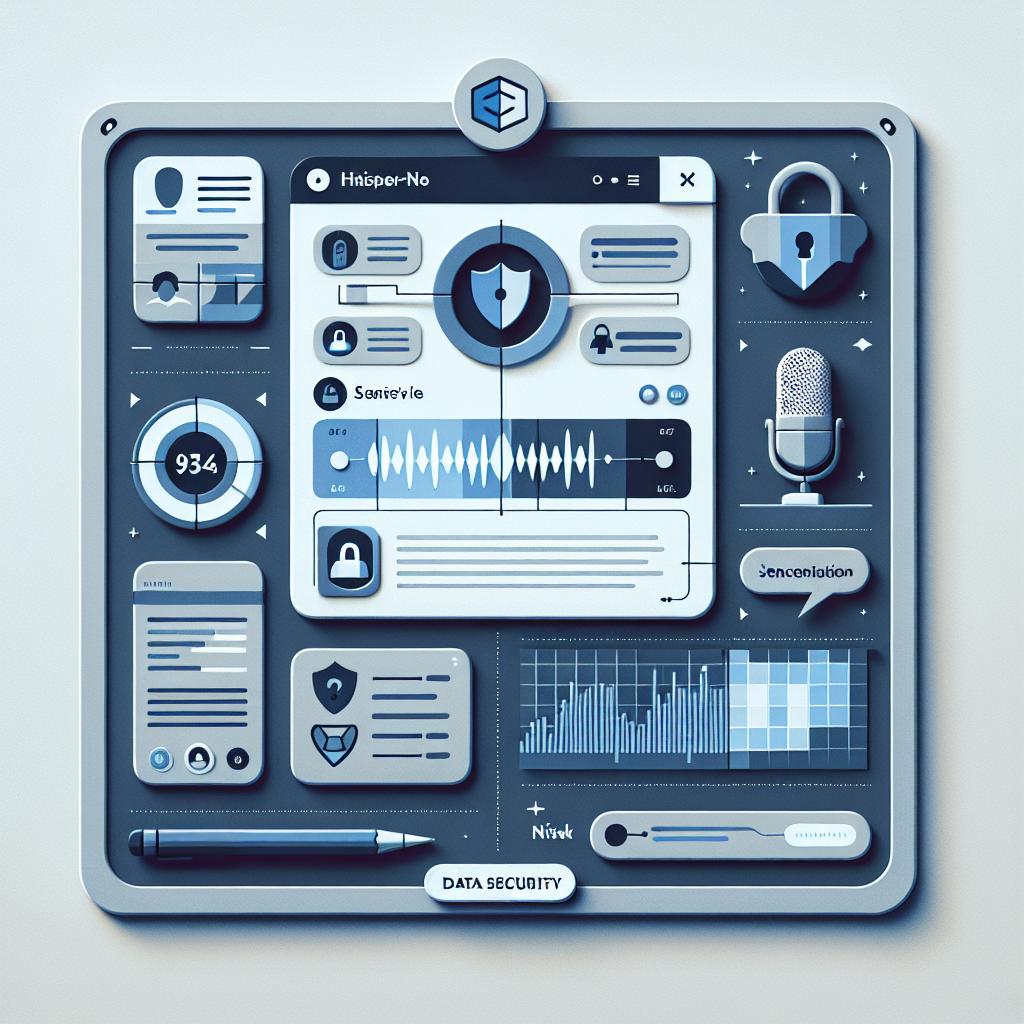 Picture a corporate-style, flat vector 2D illustration set on a plain white backdrop. It showcases the new Whisper-NER user interface from an Israeli audio transcription startup. The UI displays an example of an audio transcript with sensitive information being masked. Additional elements include data security graphs hinting at the significance of privacy protection. The company's logo is subtly placed for brand identification. Creating an atmosphere of trust and security, the color palette is dominated by muted shades of blues and greys.