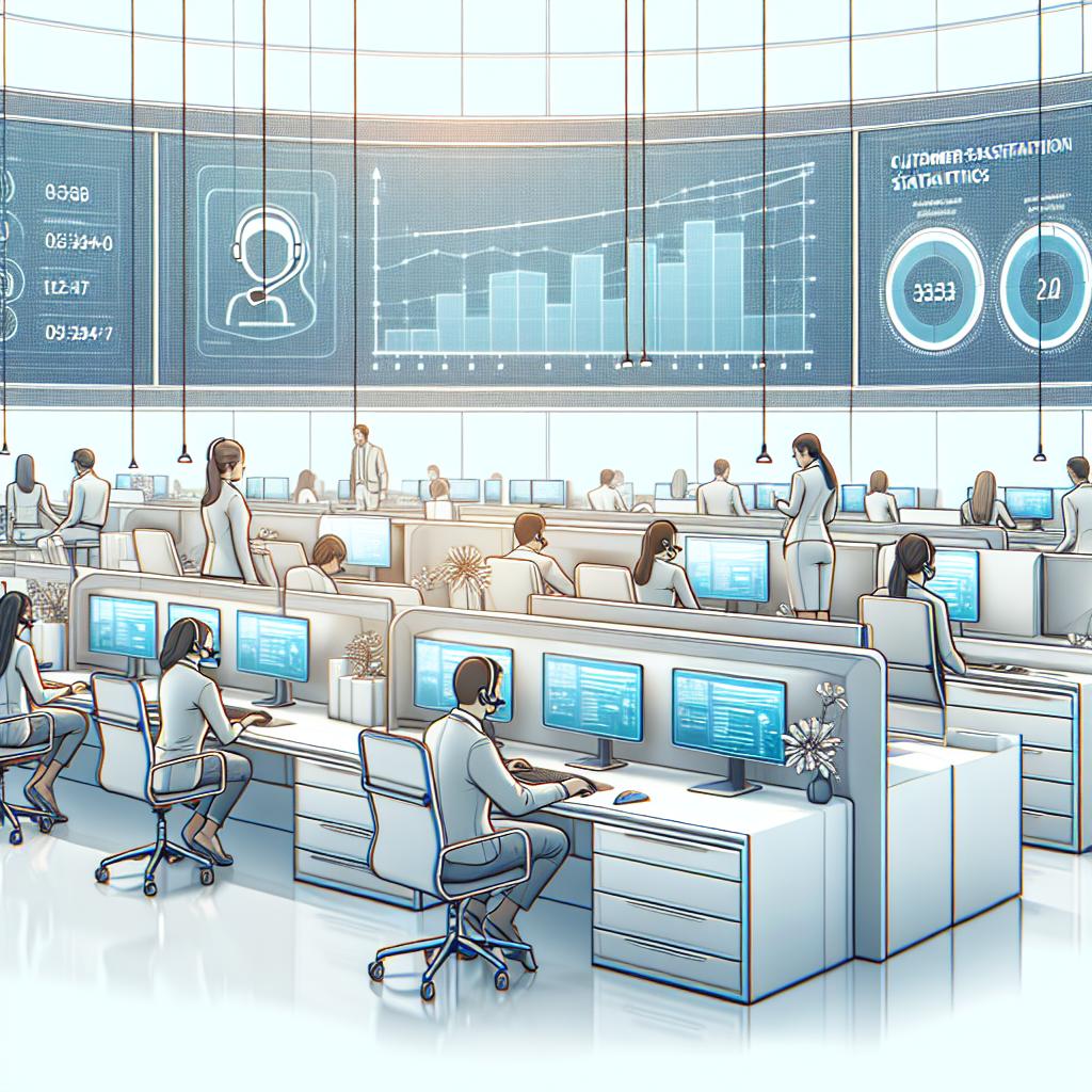 Create a detailed, flat, corporative vector style image in a 2D linear perspective. The setting is a modern call center office, operating in a white, untextured background. The scene should include agents of diverse descents and genders, interacting with clients through state-of-the-art telephones and computers. In the backdrop, display monitors showcasing customer satisfaction statistics charts to symbolize OpenCall's customer-centric approach are visible. The workspace is well lit, reflecting the efficiency and modern aspects of the applied technology. The image portrays the launch of a novel AI enterprise-grade contact center system by OpenCall, symbolizing a revolution in customer service.