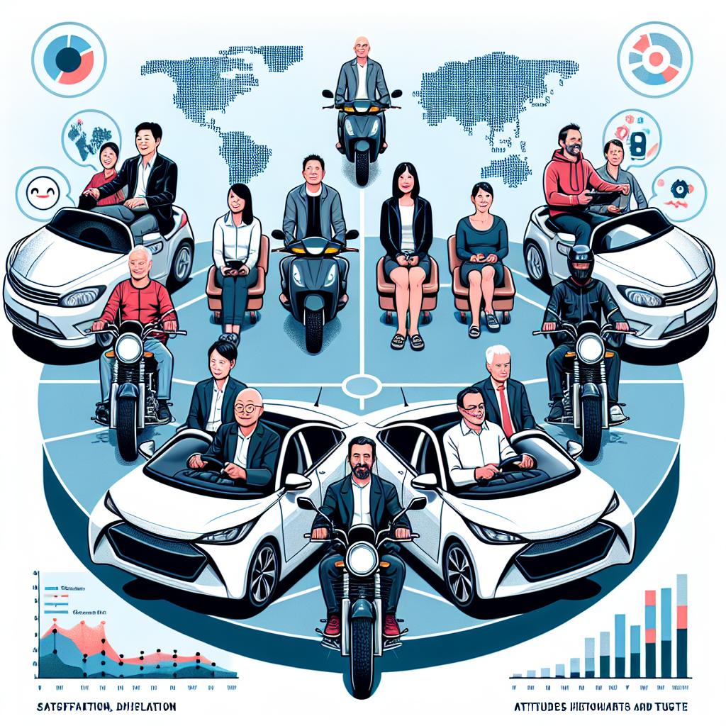 Generate a flat, corporate-style, vectorial image from a 2D, linear perspective. The image should illustrate drivers around the world interacting with AI technologies in their cars. On one side, satisfied and optimistic Chinese drivers of varying genders and ages, and on the other, skeptical and hesitant European drivers of different genders and ages. All the drivers are sitting in their modern, connected cars symbolizing modernity and innovation. Include motorcyclists to represent the variety in the usage of technology across different cultures. In the background, display a world map highlighting the global divergence in attitudes towards AI. Also, incorporate some graphs illustrating the research on satisfaction and trust. The background should be white with no texture.