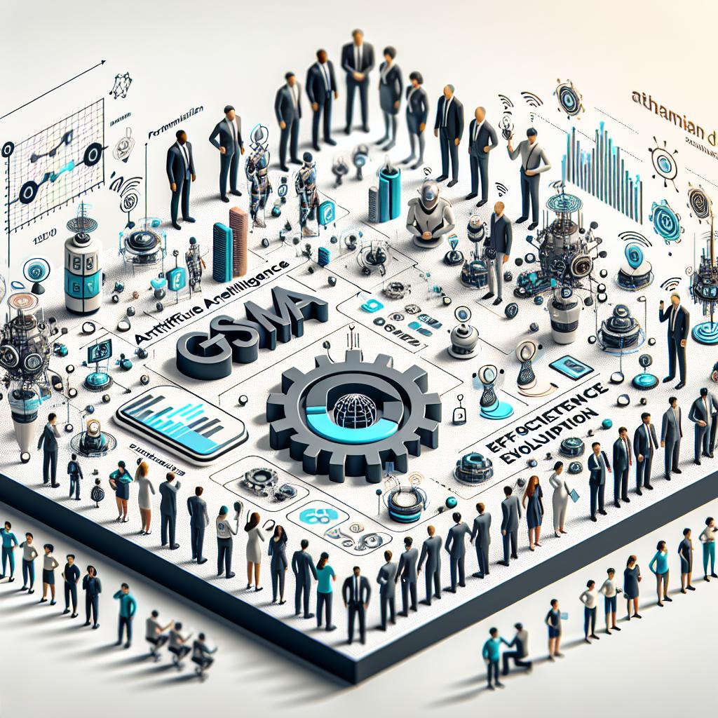 A detailed 2D vector, flat, and corporate style image set against a plain white, untextured background. The image depicts a collaboration between telecom operators and artificial intelligence (AI) specialists to create effective solutions. It includes diverse gender and ethnic representations of people working together to achieve their goals. Prominent features are GSMA logo, symbolizing the organization leading the initiative, and various technology-icons, representing innovation and collaboration. Adjacent to them is a performance graph demonstrating efficiency evolution with the adoption of AI. The elements should include technology, futuristic look but yet still corporate.