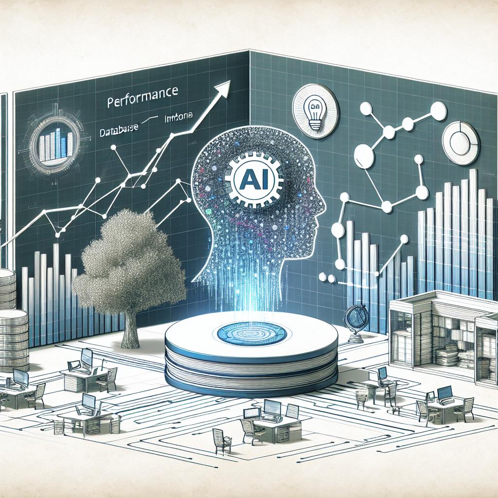 Create an image in a 2D, linear perspective with a vetorial, flat, and corporate style on a textureless white background. Start with two abstract logos symbolizing database and artificial intelligence technologies coming together. Surround this central theme with performance graphs indicating improvements in AI accuracy on one side and a modern office setting on another, depicting the future of work with AI.