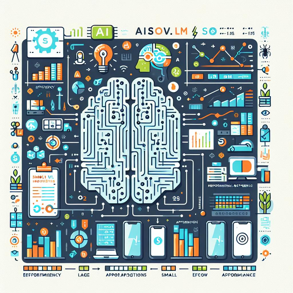 Create a 2D, linear graphic representation in a corporate, flat vector style on a texture-less white background. The illustration should highlight the evolution of AI models, placing particular emphasis on the SmolVLM model and its applications in smartphones and affordable devices. The image should emphasize efficiency and low energy consumption. Include comparative charts to mark the performance difference between large and small models. Add icons of mobile devices to illustrate the technology's accessibility. Depict various industry representations to show the sectors that may benefit from this new technology.