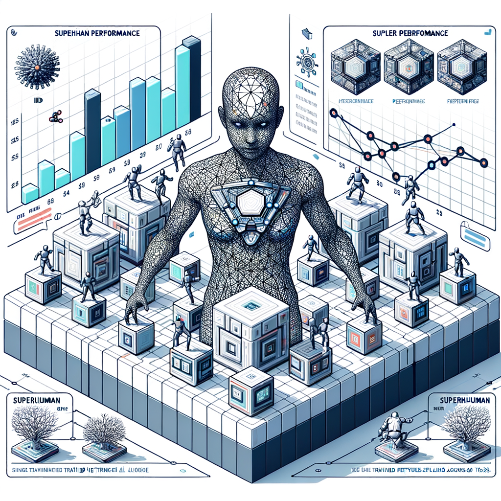 Picture an AI agent, representing the BYOL-Explore, in a complex 3D environment, symbolizing the challenges of the DM-HARD-8 suite. The agent is displayed on a white, textureless background viewed from a 2D, linear perspective. In this flat, corporate, and vector-like style illustration, you can see performance charts comparing the agent's accomplishments to RND and ICM. In the scene, there are also references to Atari games depicting superhuman performance, and finally, a neural network image symbolizing the single trained network across all tasks.