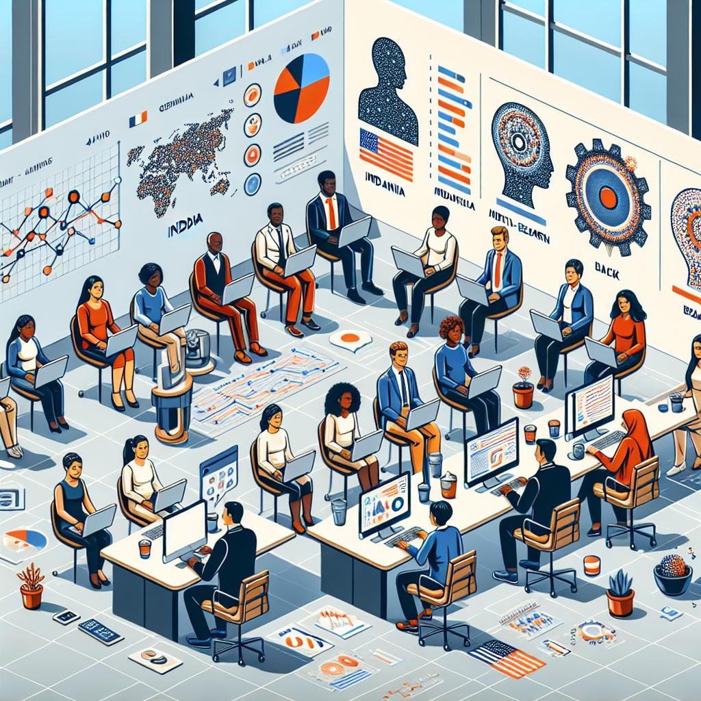 Create a 2D, flat vector style illustration on a plain white background. Depict a modern office environment bustling with diverse knowledge workers of various descents such as Caucasian, Hispanic, Black, Middle-Eastern, and South Asian. Show individuals from countries like India, Indonesia, and Brazil using generative AI tools on their laptops, symbolizing the leading role these countries play in adopting this technology. Meanwhile, represent workers from the United States with less prominence, illustrating how the home of major technology platforms is lagging behind. Around the workers, display performance graphs indicating the positive impact of AI on productivity, and various technology icons to demonstrate the continuous innovation in the workplace.