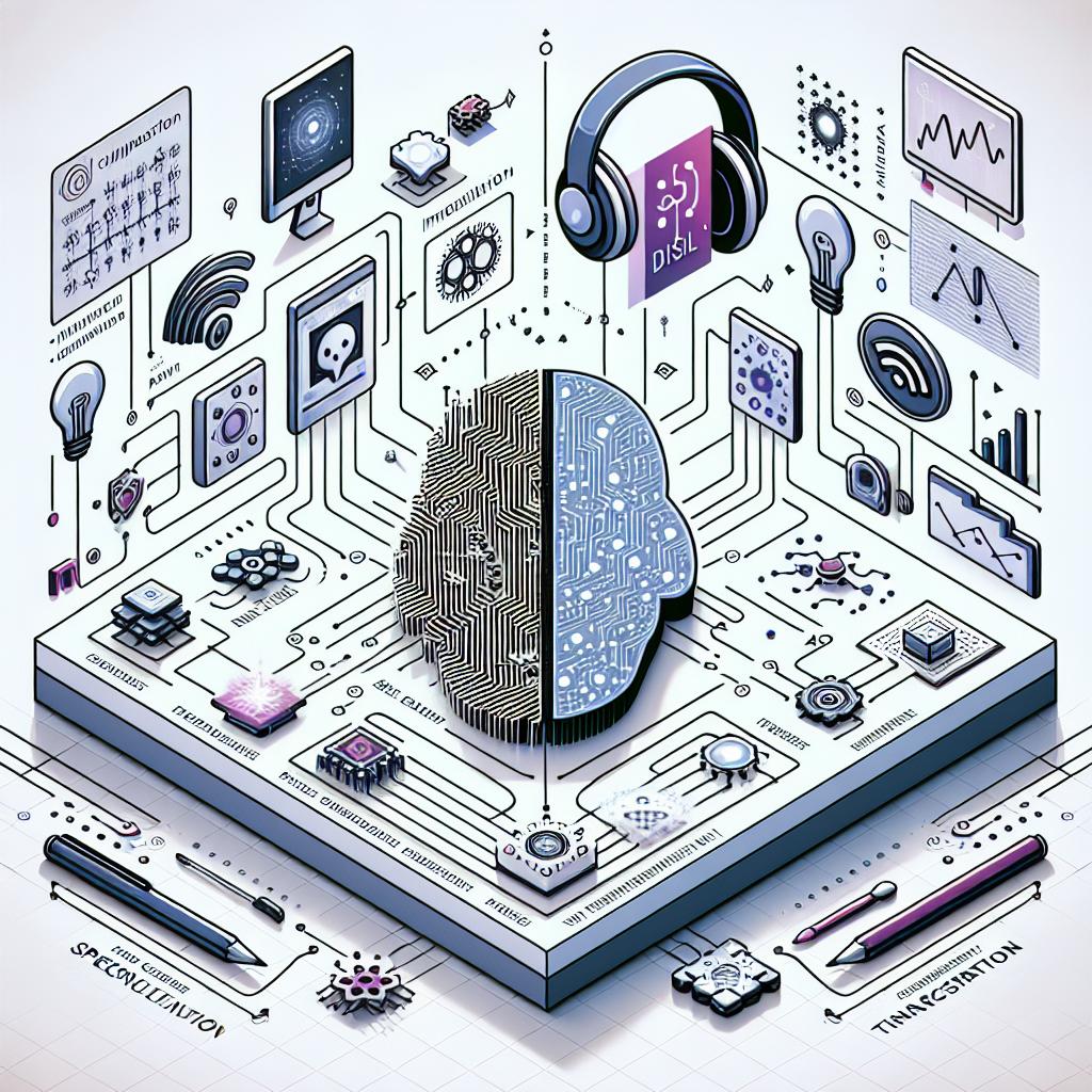 A two-dimensional, linear perspective image demonstrating the intersection of various artificial intelligence (AI) technologies. The image unfolds in a corporate, vector, flat-style design set against a white, texture-less backdrop. In this depiction, there are circuit symbolisms to represent the complexity of AI, icons representing the image generation model 'Stable Diffusion' and its functionalities. A pair of headphones added as a symbol, indicating the speech transcription from 'Whisper', along with vectors hinting at the new research performed by a tech giant. The composition aims to represent different AI technologies like image replication, speech recognition, and innovative learning methods.
