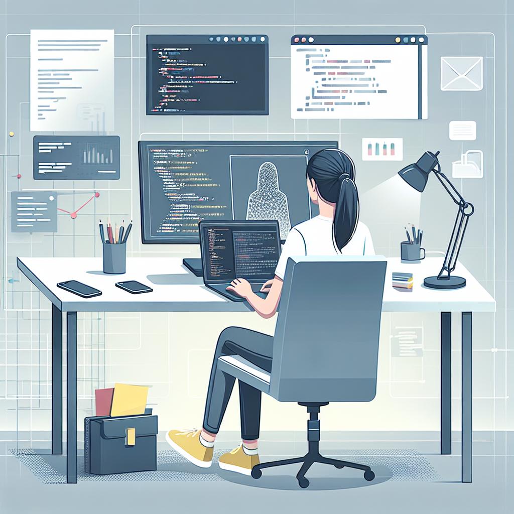 Illustration in a corporate flat vector style and 2D linear perspective. Picture a modern workspace with a white, textureless background. In the scene, a South Asian female developer is using programming tools and visualizing data on her laptop monitor. The laptop, placed on a desk, symbolizes work in a local environment. There are visible data graphs on the monitor, which represents AI analysis and development. On another part of the monitor, codes and scripts can be seen, implying hands-on programming. The surroundings are minimalistic to denote focus and efficiency at work.