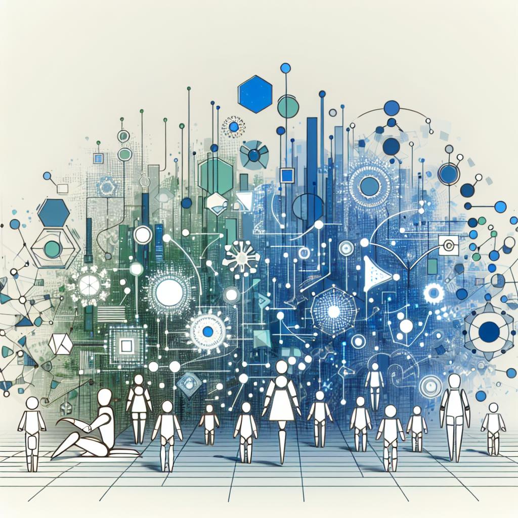 For the creation of this image, envision a 2D, linear perspective with a white, textureless background. Illustrate the transition from rule-based AI systems to dynamic and adaptable agent models. Celebrate the themes of technology and growth by favouring a color palette that heavily includes shades of blue and green. Incorporate in the picture symbols that typically are associated with technology and efficiency, such as cold colors. Also fill the scene with graphic elements that represent the complexity of AI systems, such as circuit-like forms. Add silhouettes of robots to bring life to these abstract concepts and to add practical applications. Lastly, create infographic-like connections to demonstrate the interactivity between different realms of knowledge. All this should be presented with a corporate, flat and vectorial style.