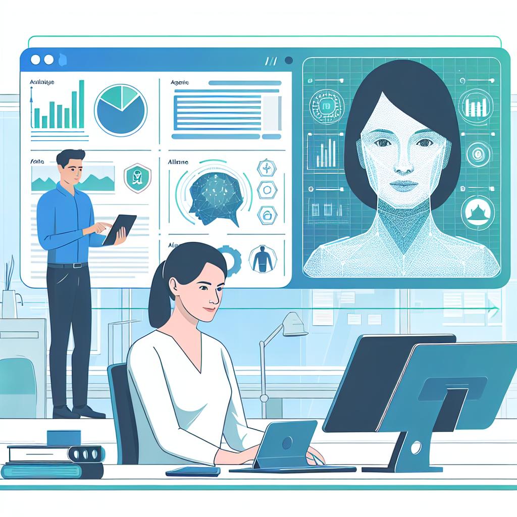 Create an illustration that depicts a Caucasian female employee utilizing the interface of a theoretical Artificial Intelligence work-platform in an office setting. The screen should display visible graphs and data to symbolize the integration of information and productivity enhancement. The background should be modern and represent a collaborative workspace with a South Asian male counterpart. Make it 2D and linear to give an aligned corporate feel, and include elements such as computers and tablets to symbolize integration of multiple technologies, and team collaboration. Use sober colors like blue and green to convey safety and trust. The style of the image should be flat and vectorial. All of this must be set against a background that is white and has no texture.