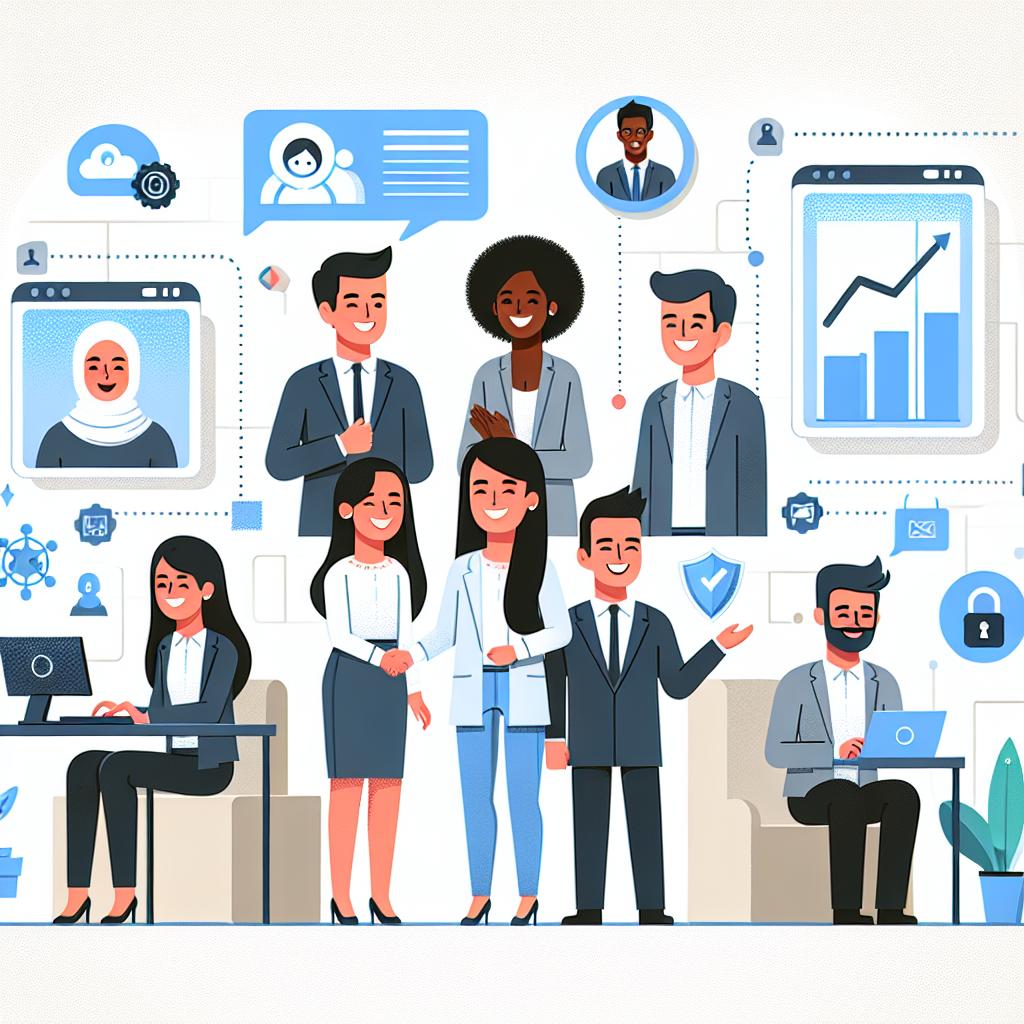Imagine a scene set in a corporate environment, this setting is illustrated in a 2D, flat vector corporate style, with a plain white background. Diverse team of colleagues such as a Middle Eastern woman, an Asian man, a Black woman and a Hispanic man are shown to be happily collaborating and interacting with technology in a productive manner. Additionally, the scene includes images of performance graphs signifying the positive outcome achieved through the implementation of Artificial Intelligence (AI). Security icons are also integrated into the scene to represent the importance of data privacy.