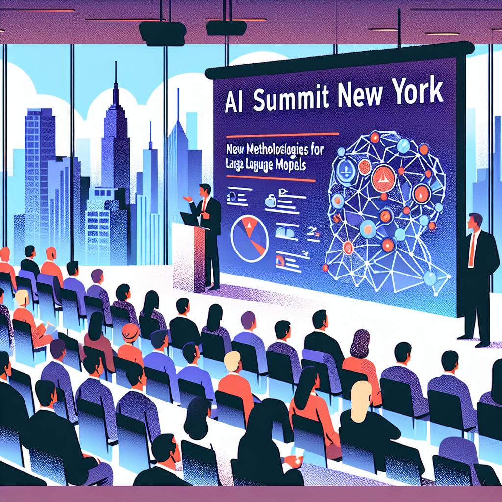 The AI Summit New York, which took place in December 2024, showcases a data science and AI lab leader presenting new methodologies for Large Language Models at the conference. Depict the scene in 2D, flat, corporate vector style on a white, textureless background. Show the attentive audience indicating interest, presentation slides highlighting major points, and the AI Summit logo to reinforce the event's identity.