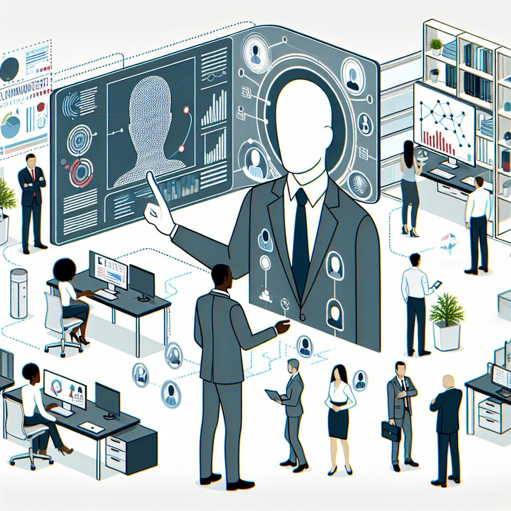 A modern office environment in a vectorial, flat, and corporate style. The leader, an anonymous male figure with an innovative vision for people management, interacts with an AI system displaying data and insights about people management. The perspective is 2D and linear, with a clean and texture-less white background. Other office staff, a diverse mix of people of different genders and descents such as African, Middle Eastern, and East Asian, are also shown, utilizing technology collaboratively. Additional elements include computers illustrating the integration of technology into the workplace, graphs showcasing the impact of AI on decision-making, and a plant hinting at a healthy and sustainable work environment.