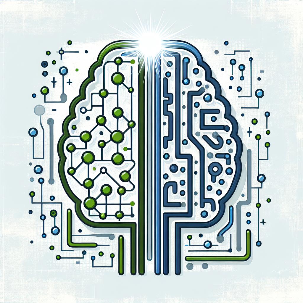 Create a 2D, linear visual representation using a flat, corporate illustration style. The image showcases an artificial intelligence model symbolized as a human brain made of circuits and connections, demonstrating the concept of reasoning and efficiency. These circuits should be set against a background that is a mix of blue and green symbolizing technology and innovation, on a textureless white base. The image must also incorporate a brightly shining light, suggestive of fresh ideas and innovations in the field. The overall color scheme should consist of cool tones to convey a professional and technological feel.