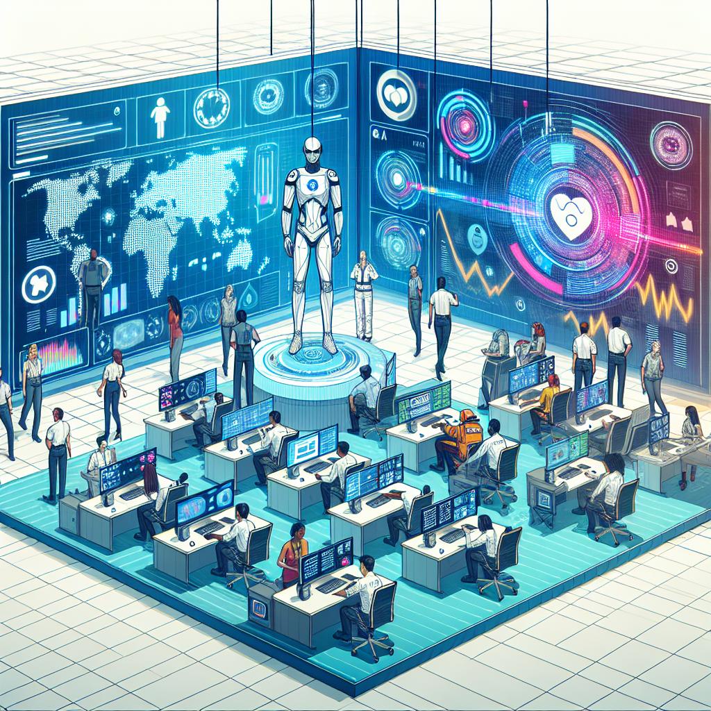 Imagine a vibrant 2D, linear perspective illustration depicting a futuristic emergency response training scenario. The setting is within a studio environment, symbolic of innovation and modernity. In the center, digitally represented emergency dispatchers of diverse genders and descents, including Caucasian, Hispanic, Black, Middle-Eastern, South Asian, are engaged with AI simulations. They interact with digital screens that display real-time data and are surrounded by the sound of AI-generated voices. Additional elements in the scene include various relevant charts and performance analytics data. The style is corporate with a white and textureless background, similar to a flat, vector-style representation.