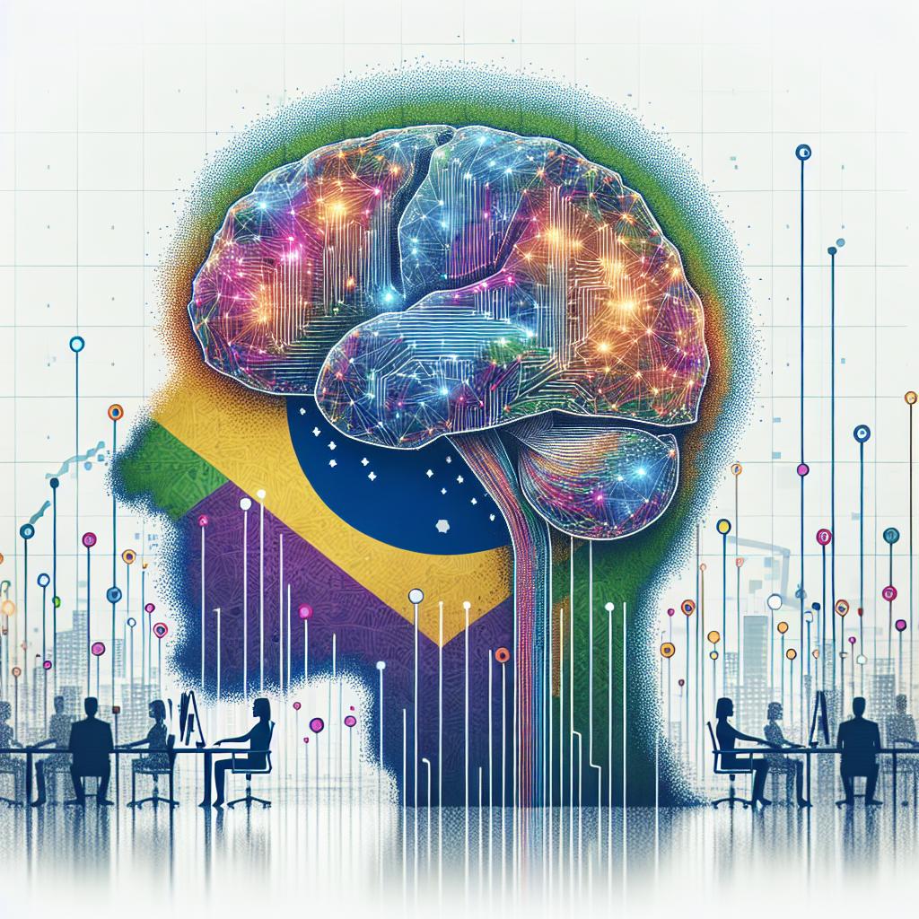 Generate a 2D, linear perspective image in a corporate and flat vector style. The background is white and textureless. The main visual representation is dedicated to highlighting AI innovation in Brazil. Include a digital brain to symbolize data processing and AI. Incorporate a map of Brazil to underpin the country's location and potential. Insert visible growth charts to depict the rise in the technology market. Include network connections to symbolize connectivity and the rise of new opportunities. Use vibrant colors to communicate innovation and dynamism.