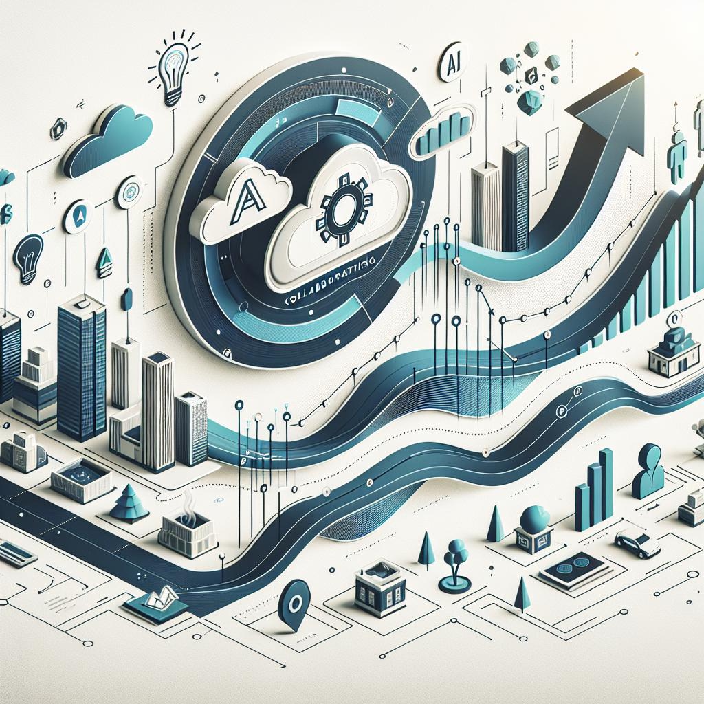 Create a 2D vector-style image on a textureless white background, capturing the essence of collaboration between two tech companies, represented symbolically rather than through specific logos or branding. Show advanced IA technology transforming data, as seen through the use of AI icons. Alongside this, depict a rising graph to represent the increase in efficiency and accessibility of data analysis. Finally, integrate illustrative scenes of corporate settings to demonstrate the positive impact these technological innovations have on businesses. Stick to a corporate, flat visual style for all elements.