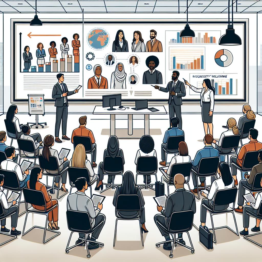 Create an image in a 2D, linear perspective. The style is vectorial, flat, and corporate on a bare, white background. The composition includes an array of colleagues, each representing different descents such as Hispanic, South Asian, Caucasian, Black, and Middle-Eastern, and a balance of genders. They are watching a training video in a modern corporate office setting that emphasizes diversity and inclusion. Show evidence of engagement by displaying some colleagues jotting down notes. Include detailed technology elements like presentation screens displaying inclusivity graphs. The office should reflect a modern and collaborative work environment.