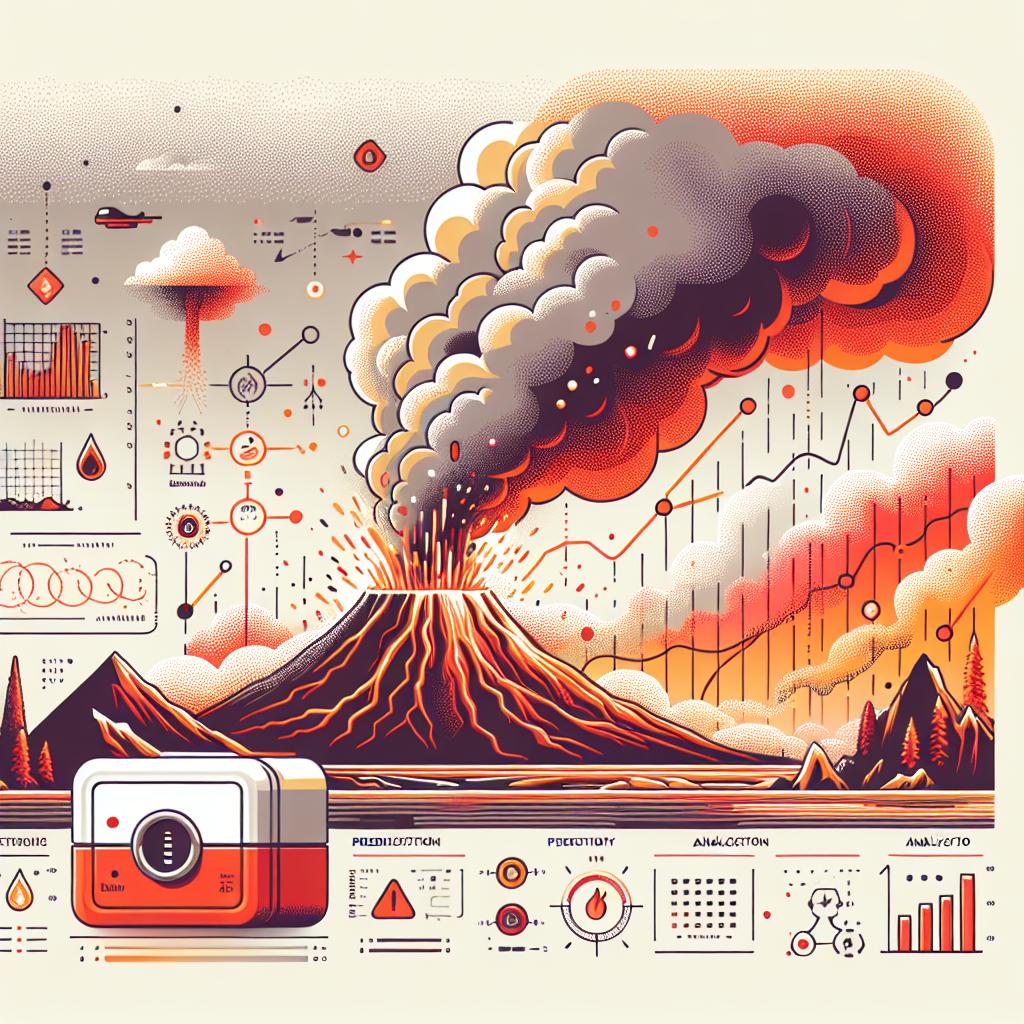 Create a 2D linear, flat, corporate styled vector illustration on a white, textureless background. The scene depicts a dramatic environment with an erupting volcano in the background, symbolising the power of nature with visible lava and smoke. The use of warm colors like red and orange should convey a sense of risk and urgency, tracing the moving scenery emphasizing volcanic activity. Place a helium sensor the size of a shoebox in the foreground representing technological innovation, indicating real-time gas monitoring. Also include symbols of data collection and analysis, like graphs or icons to manifest the prediction and understanding of natural disasters.