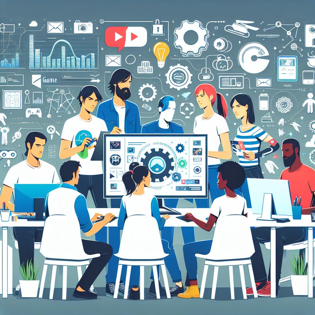 Create an image in a flat, corporate, vector style from the perspective of 2D and linear visualization. The image is set in a modern game development studio with a white, texture-less background. Depict various developers, illustrating diversity and inclusion in the game industry. These developers should include a Middle-Eastern woman, an Asian man, a Black man, and a Hispanic woman. They are all working in a creative environment, interacting with a digital interface. The digital interface symbolizes a breakthrough in game programming and signifies the brand Coplay. The studio ambiance exudes creativity, signaling the novelty of game development.