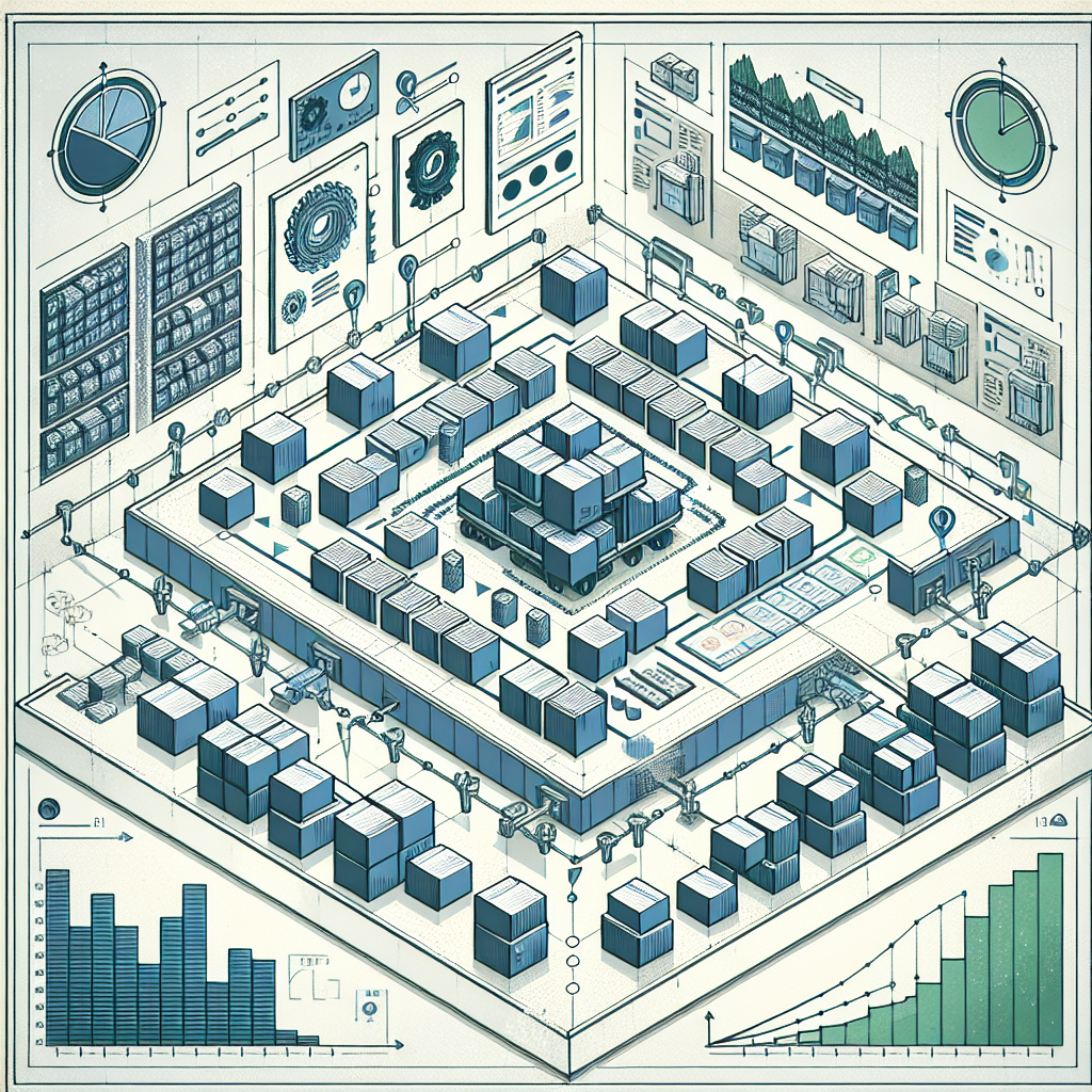 Create a 2D, flat style image akin to corporate vector-based artwork, illustrated on a dull, texture-free white background. The central elements are a variety of differently sized boxes being neatly arranged into containers, symbolising the solution to a complex packaging problem. Visualize a modern warehouse environment to provide a practical context. Overlay performance graphs to underscore the efficiency of the algorithm. Colour the elements in cool hues of blues and greens to evoke an atmosphere of technology and efficiency.