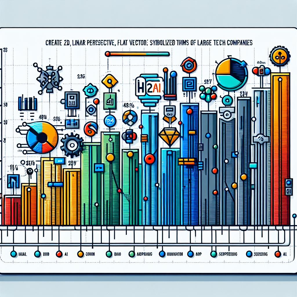 Create a 2D, linear perspective, flat, vector-style corporate image on a white, textureless background. This image comprises a performance chart demonstrating the efficiency of H2O.ai's AI models, contrasting with those of large tech companies. These tech companies are not physically represented by logos but instead symbolized by different colored lines or bars on the chart. Superior results of H2O.ai are emphasized through contrasting colors. Please note that no clear signifier or logo of a specific tech firms should be present to avoid any copyright infringement.