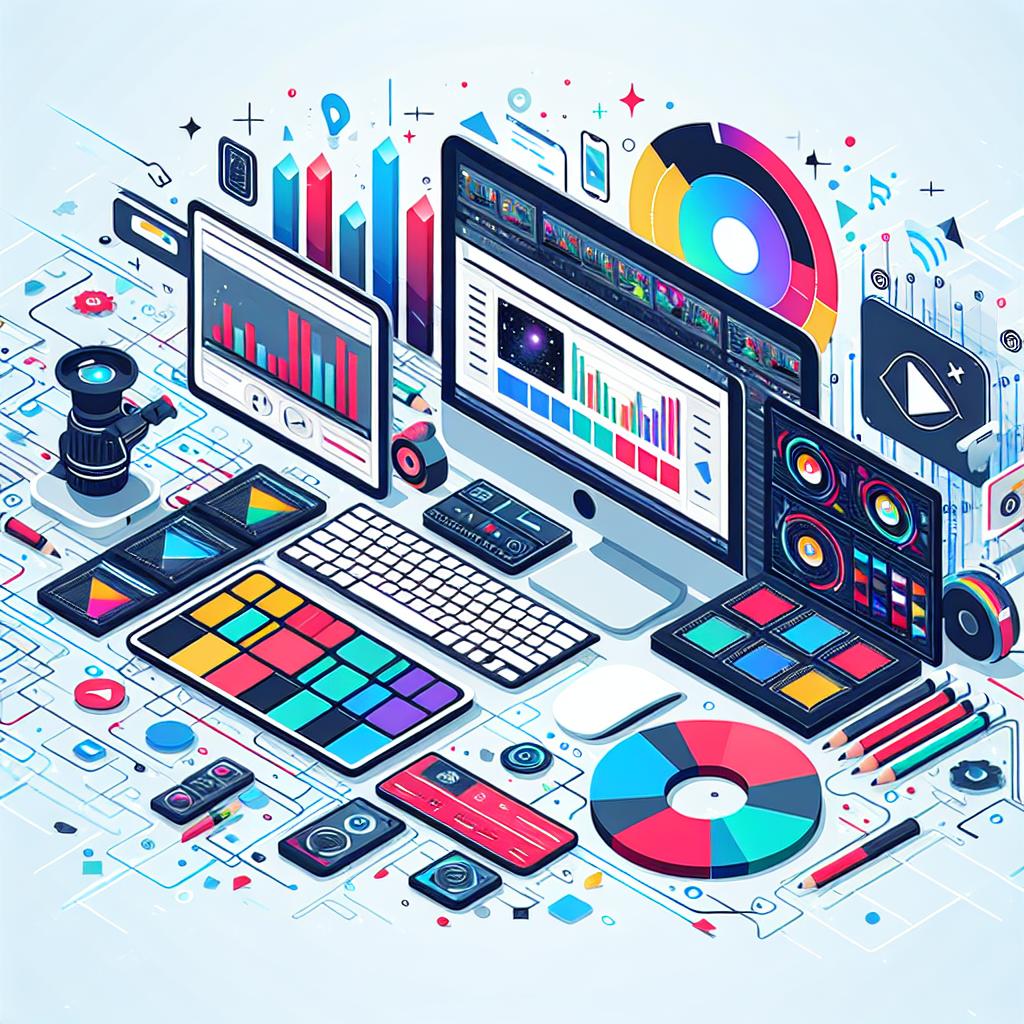 In 2024, many companies and individuals are exploring alternatives to popular platforms for creating animated videos. This image reflects that quest, showcasing the video editing process featuring keyboards, computer screens, and video graphs in a digital environment, symbolizing online video editing and creation. The image should be rendered in a vector, flat, and corporate style on a 2D plane with linear perspective. The components include keyboards, representing digital creation, computer screens, serving as symbols for editing platforms, video graphs depicting the production of audiovisual content. Additional elements include vibrant colors to draw attention and reflect innovation, along with editing tool icons to highlight the functionalities of the presented platforms. The background should be white and without texture.