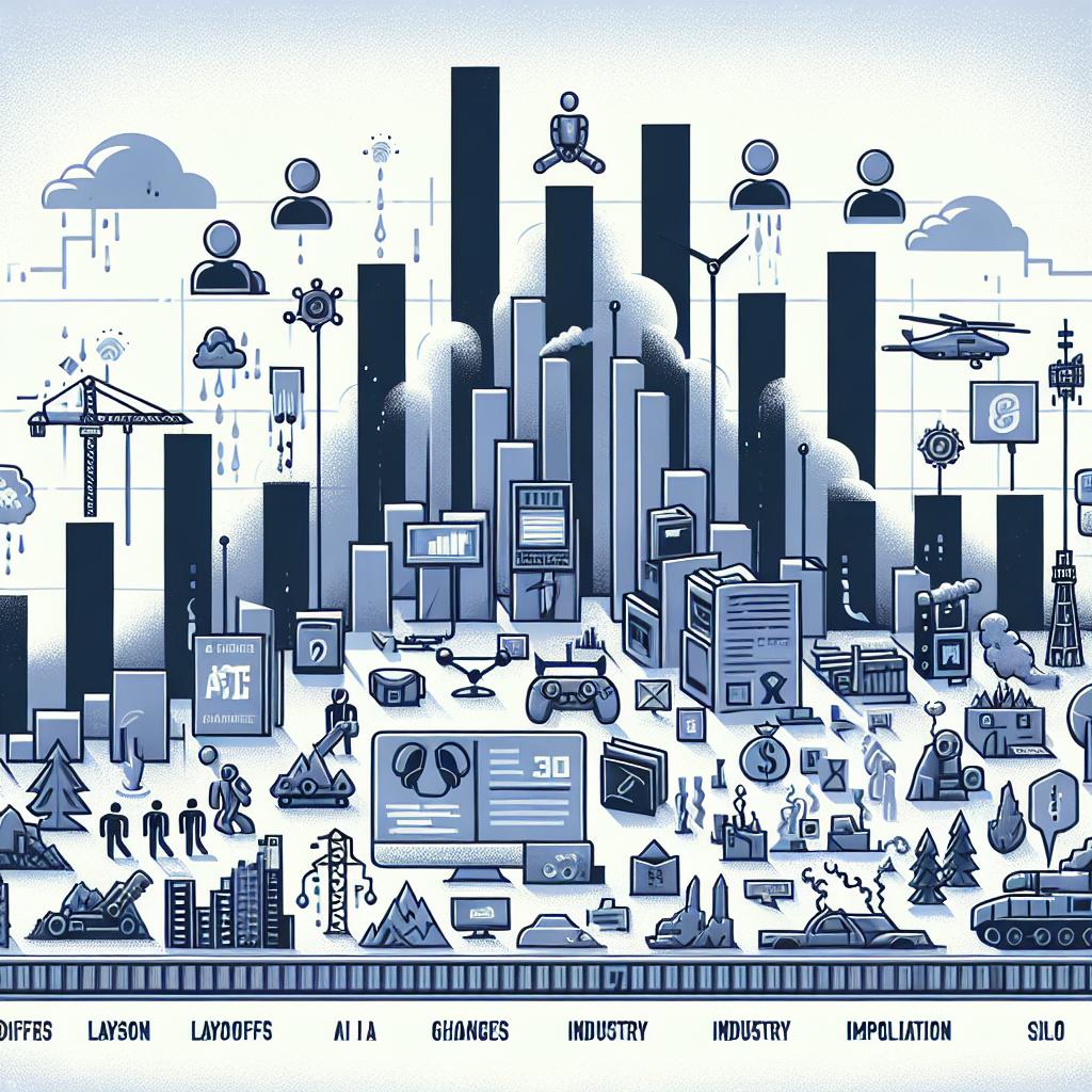 Create an image in a 2D, linear, corporate-style, depicting the challenges and changes in the game industry. The background of the image should be untextured and white. Prominent elements to incorporate within the piece include a layoffs bar graph demonstrating the dismissal rate among game developers, AI icons symbolising the growing worry around AI implementation, and industry silo that represents the various platforms and gaming types. There should also be references to natural disasters to underline the impact of climate changes. Use a cool color palette to convey a sense of uncertainty and concern within the industry.