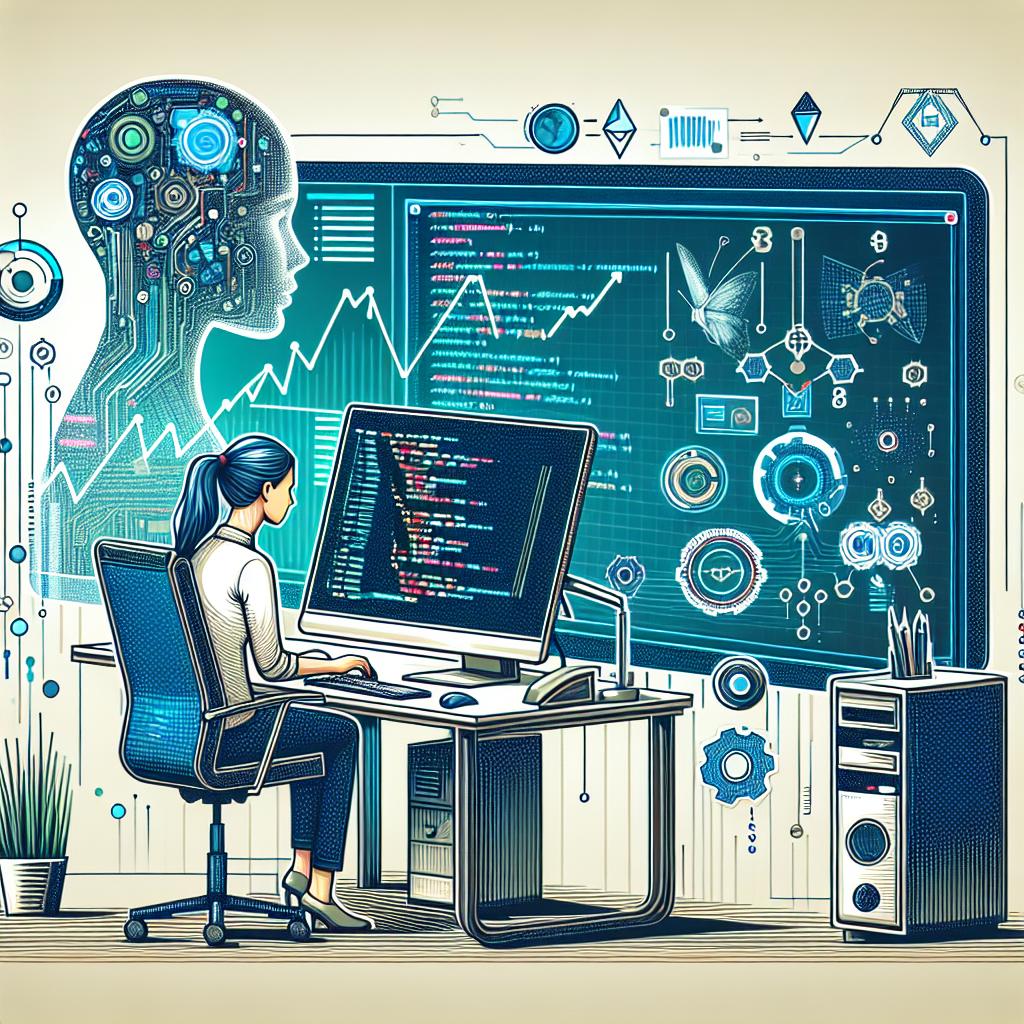 Create a 2D, linear perspective image in a vector, flat, and corporate style on a smooth, white background. The picture visualizes a modern workspace with a developer engrossed in work on a computer. The computer screen showcases code and performance graphs symbolizing the collaboration between humans and AI in the coding process. Additional elements in the image can include robotic icons or circuit designs signifying AI presence. The colors primarily used in the image should be tones of blue and green, conveying technology and freshness. Every feature must appear sharp and distinct.